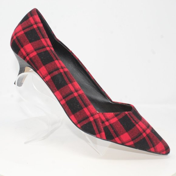 Sole Society Shoes - Sole Society Womens Sz 9.5M Desi Red Black Buffalo Plaid Slip On Kitten Heels